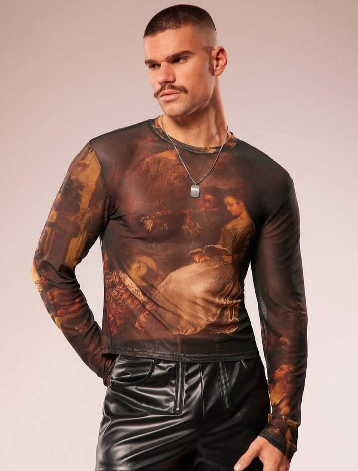 Men's Printed Floral Print Sheer Croppel Long Sleeve Tees